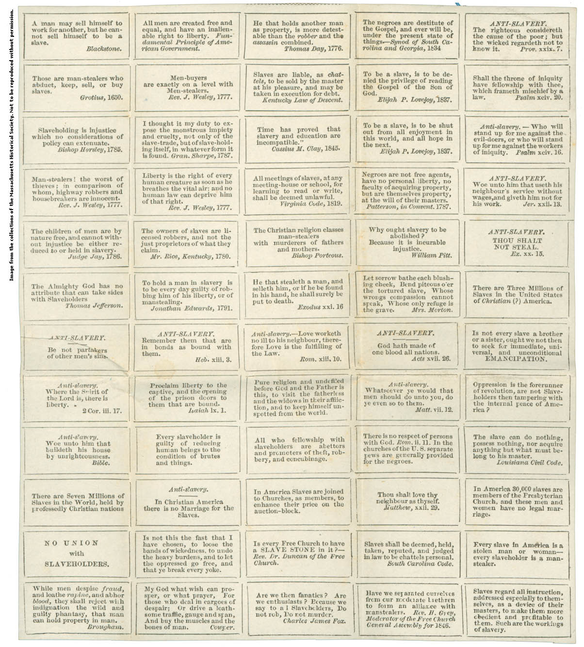 A sheet of paper with sixty rectangular labels bearing anti-slavery messages. The labels are printed, and most of them are titled "ANTI-SLAVERY." Each label bears a different message that fits neatly into the label space. "NO UNION with SLAVEHOLDERS" one reads. Another states "Be not partakers of other men